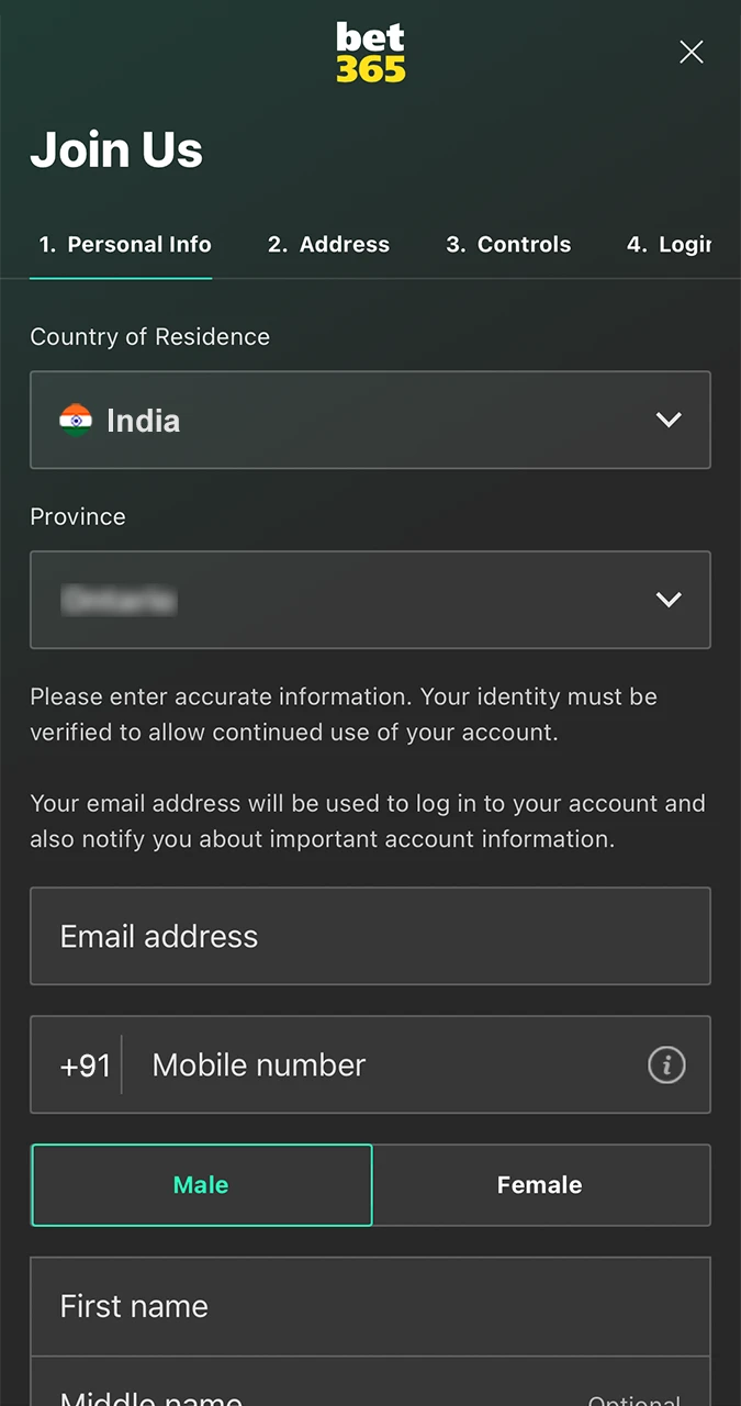 सुनिश्चित करें कि आपने Bet365 कैसीनो खाता पंजीकरण फॉर्म सही ढंग से भरा है।