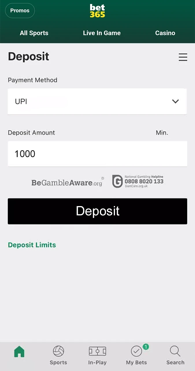 Confirm your deposit and start betting and playing slots from Bet365.