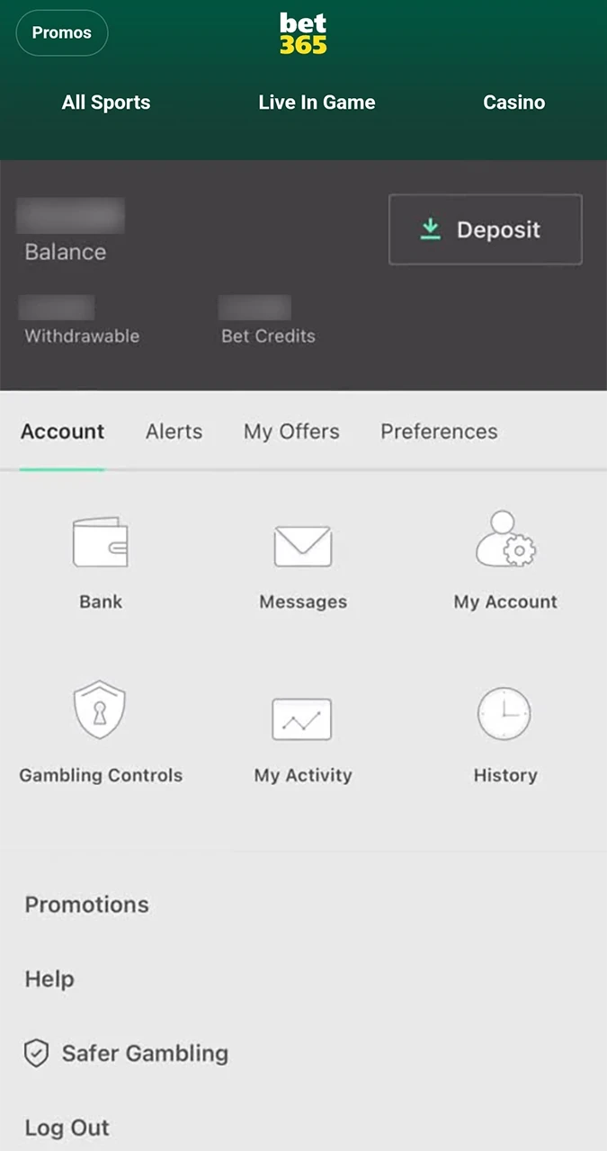 Launch the menu of your Bet365 account and select the deposit funds button.