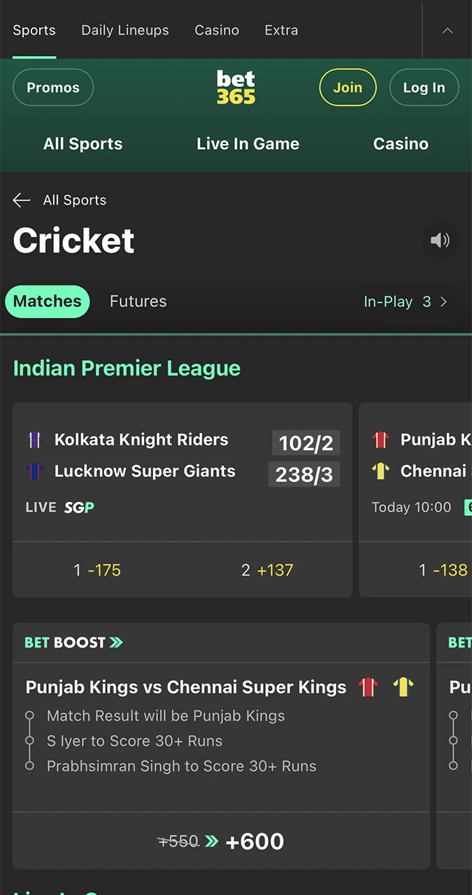 Cricket betting at Bet365 bookmaker.