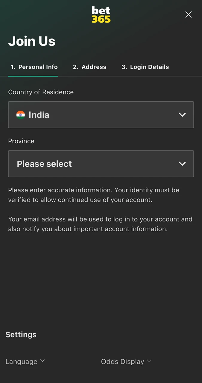 Bet365 registration form.