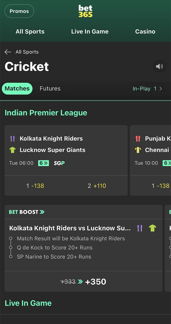 Watch matches online and make your predictions with Bet365.