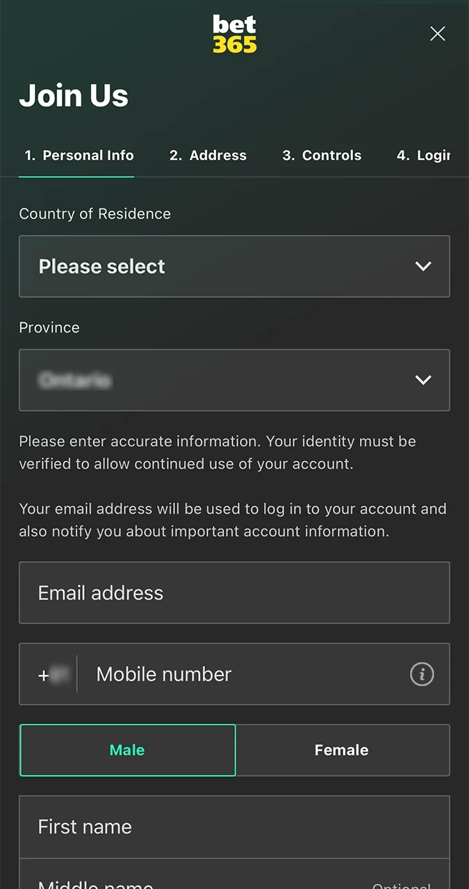 Fill in the required fields to register at Bet365 bookmaker.