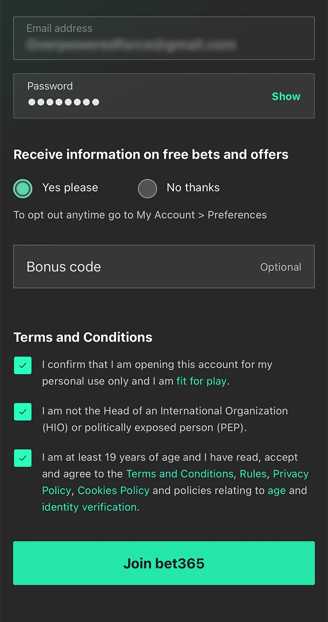 Come up with a complex and unique password for your Bet365 account.