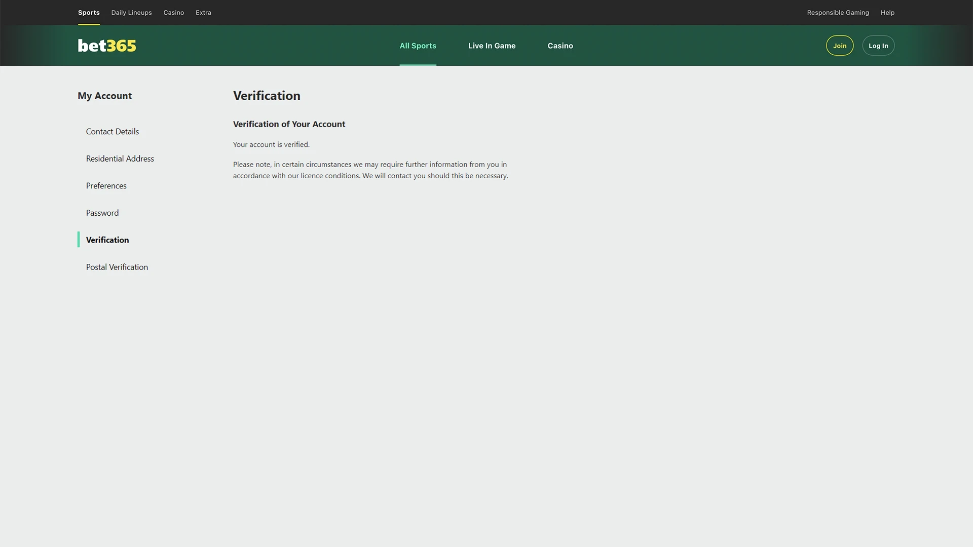 Verify your bet365 account to access all features.