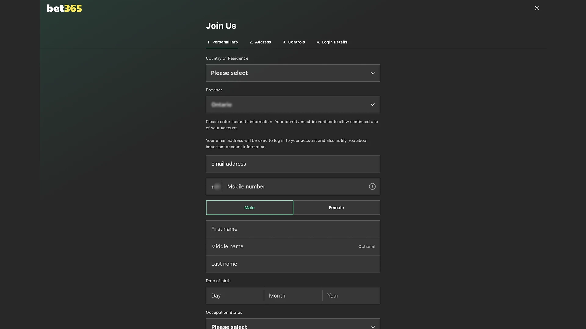 Select your country and provide your real details to register with Bet365.