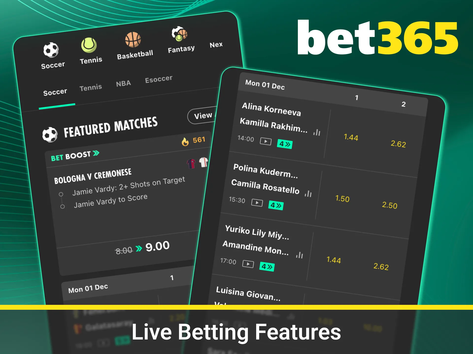 Enjoy live betting features on Bet365 app today.