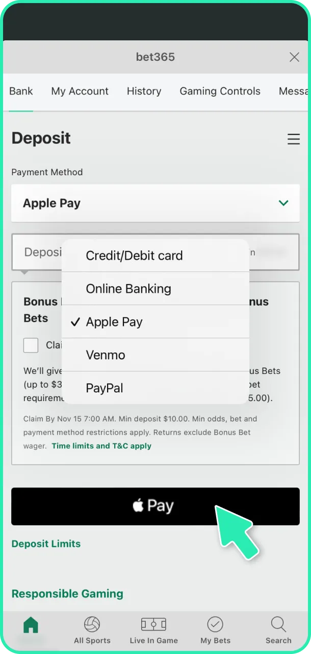 Begin depositing easily and play on Bet365 today.